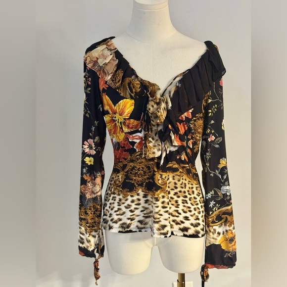 Authentic Roberto Cavalli Silk, Hologram, Animal Print/Floral, Ruffled Neckline - Picture 1 of 14